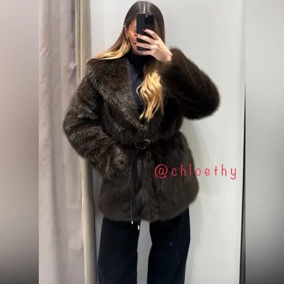 Zara FAUX FUR COAT WITH BELT - Picture 4 of 13